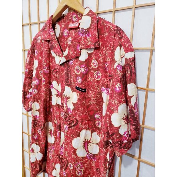 Vintage Everything Coca Cola Men's Hawaiian Shirt Red Floral Button Up - Size XL - Picture 6 of 13
